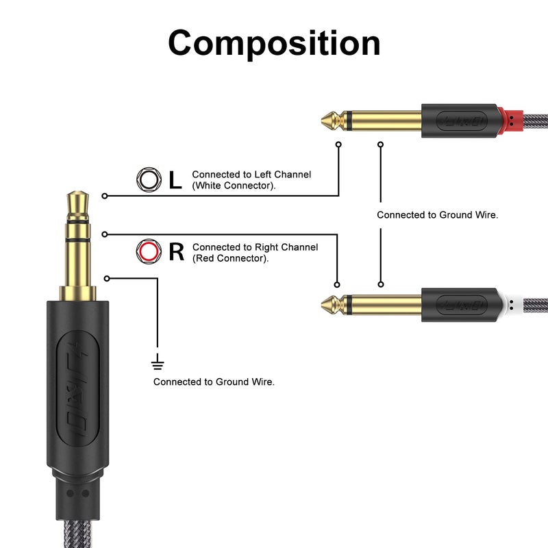 J&D 3.5mm TRS to Dual 6.35mm TS Breakout Cable, Gold Plated Audiowave Series 1/8 to Dual 1/4 Stereo Cable Splitter with Nylon Braid Compatible with PC, Computer Sound Card, Mixer, Speaker, 6 Feet - Image 2